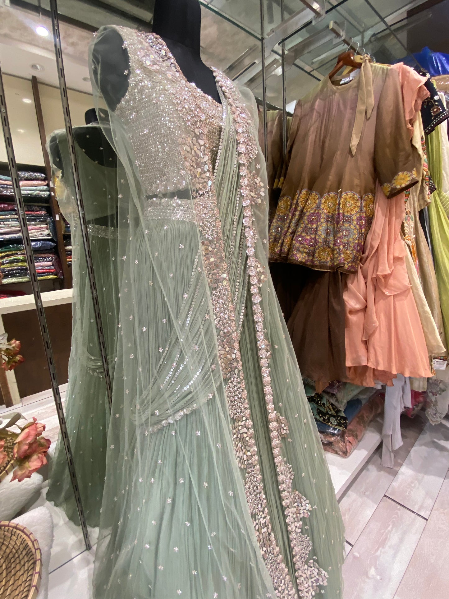 AARSAA Pistagreen organza sequence jacket drape lehenga