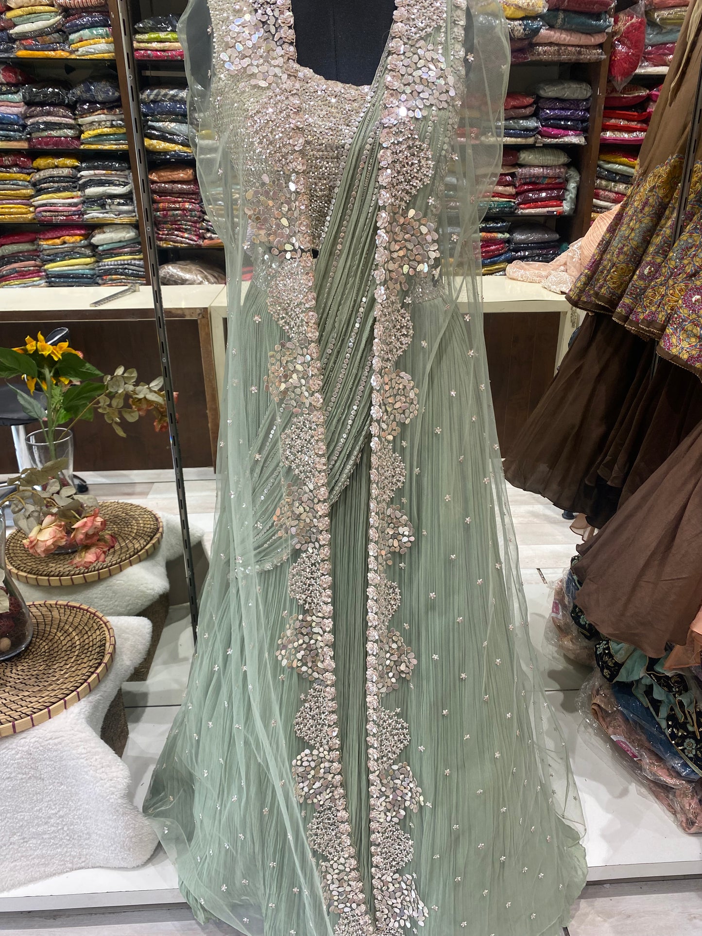 AARSAA Pistagreen organza sequence jacket drape lehenga