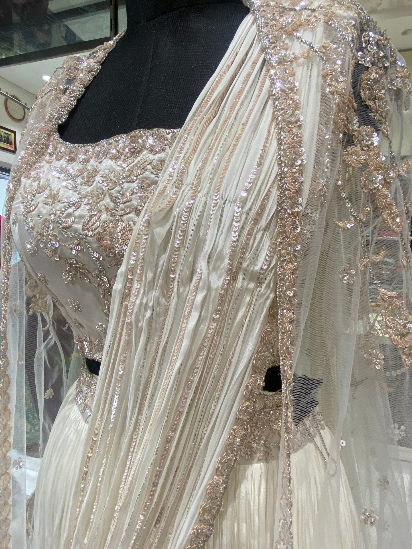 AARSAA White Organza jacket drape lehenga