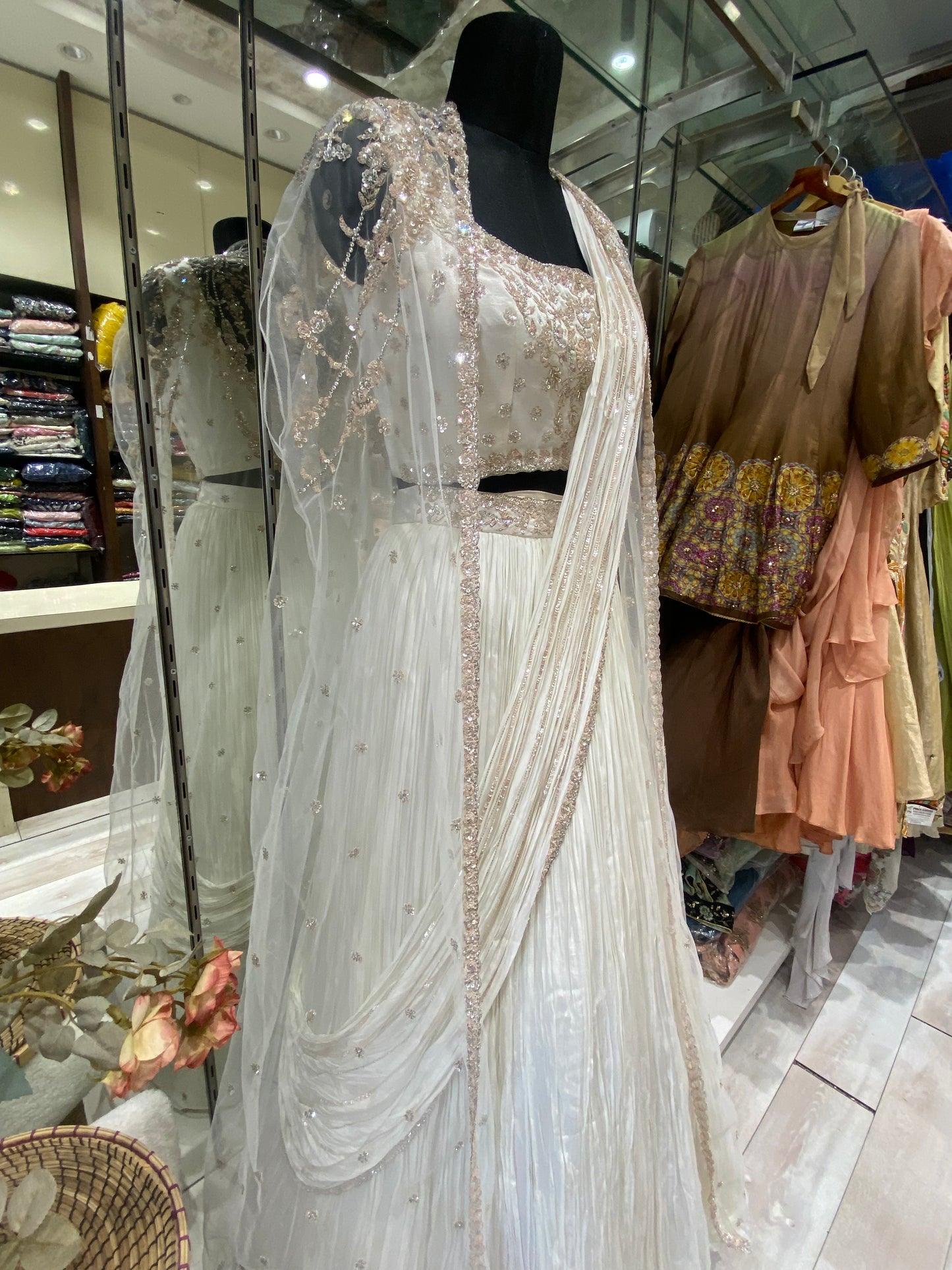 AARSAA White Organza jacket drape lehenga