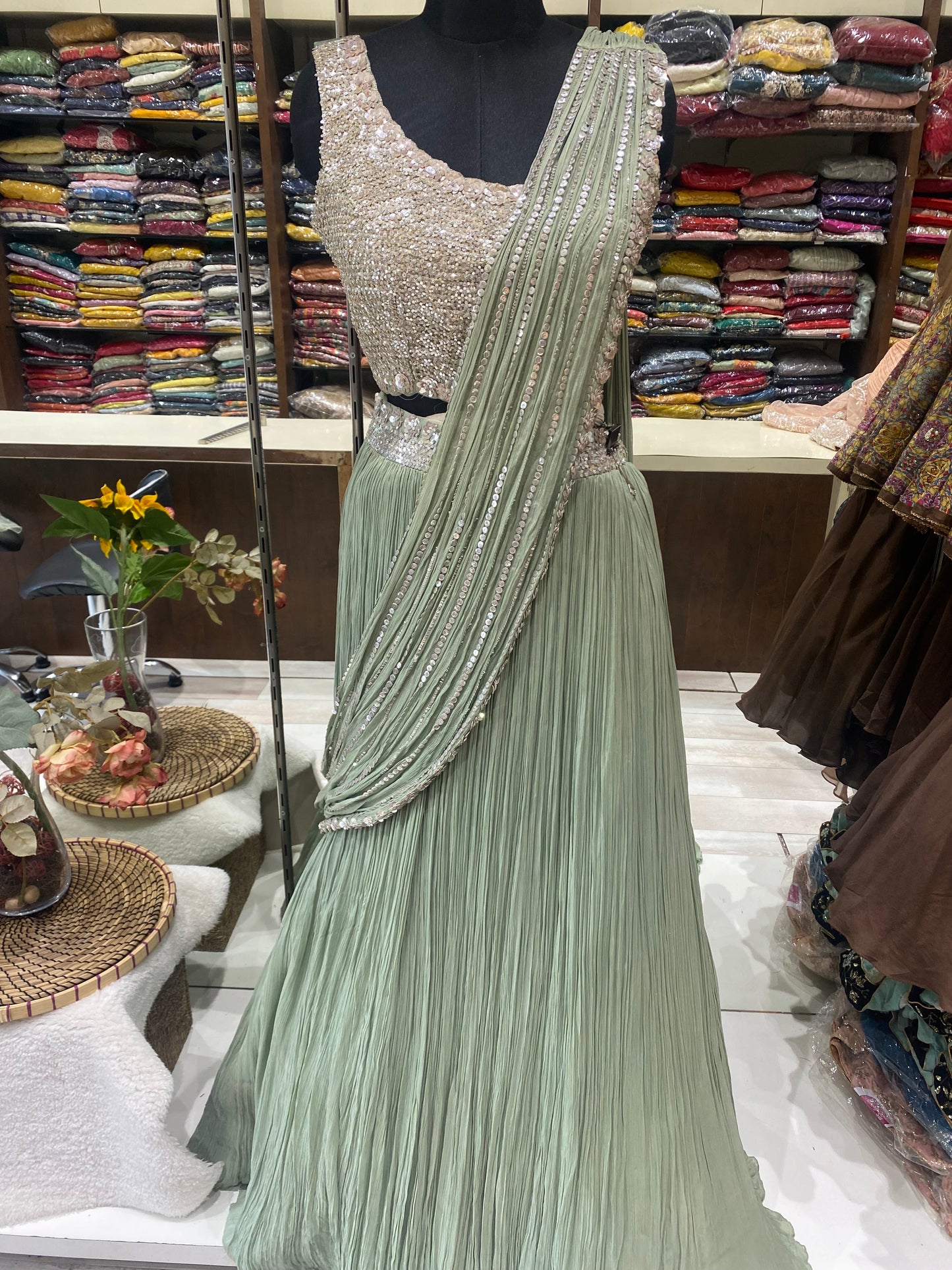 AARSAA Pistagreen organza sequence jacket drape lehenga