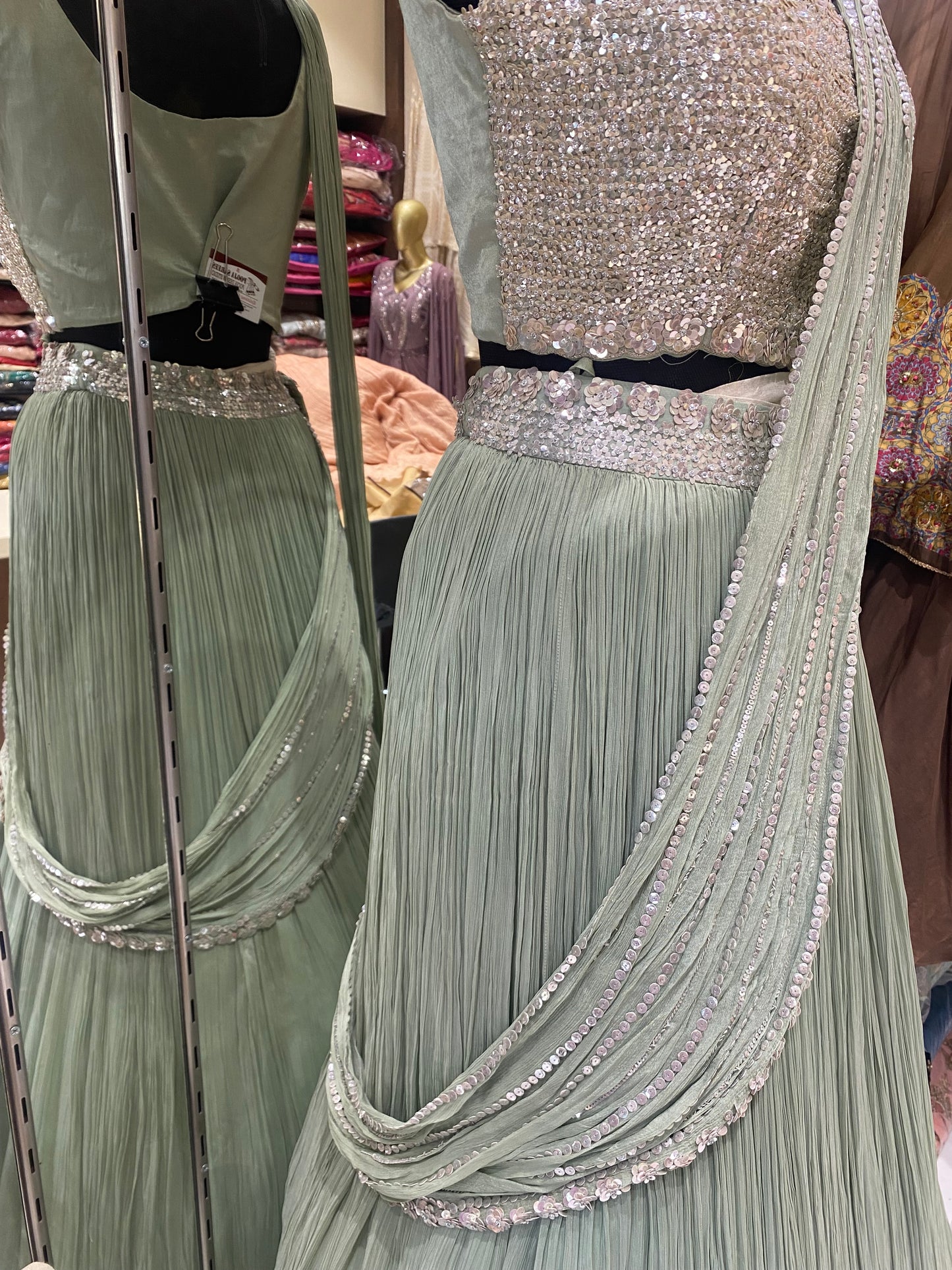 AARSAA Pistagreen organza sequence jacket drape lehenga