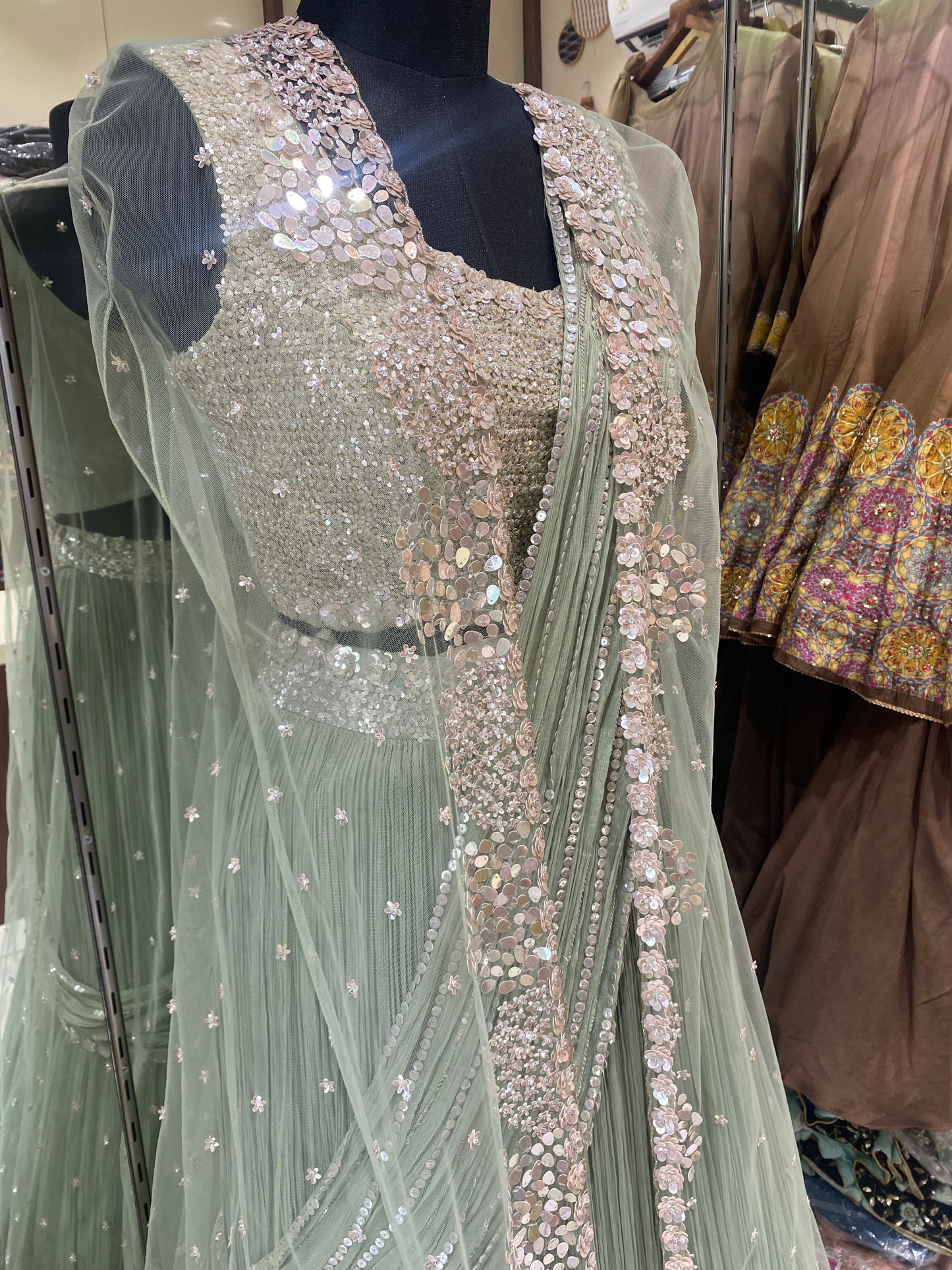 AARSAA Pistagreen organza sequence jacket drape lehenga