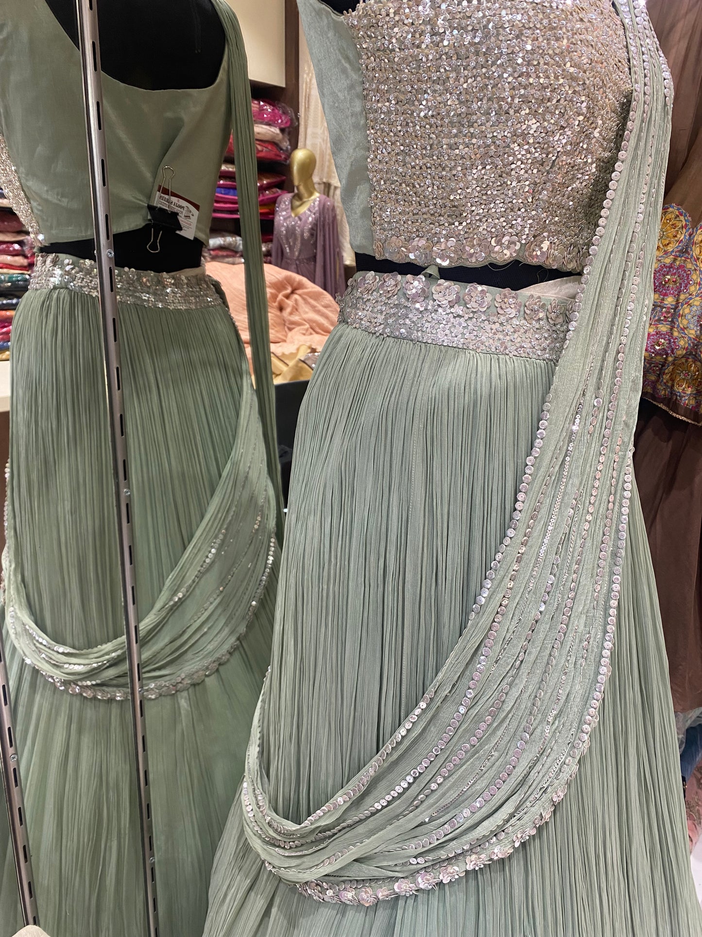 AARSAA Pistagreen organza sequence jacket drape lehenga