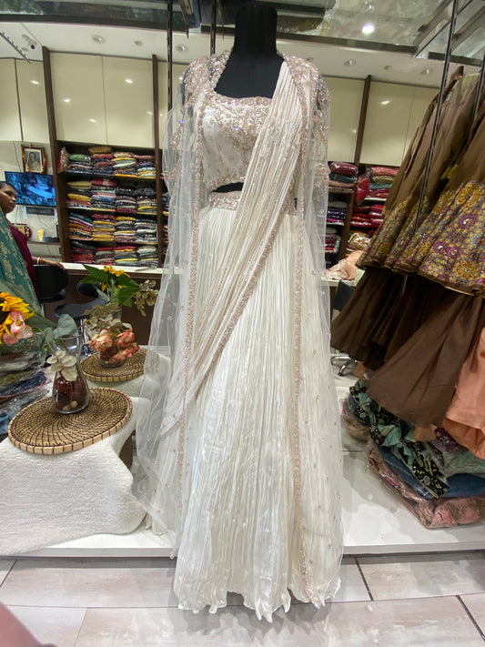 AARSAA White Organza jacket drape lehenga