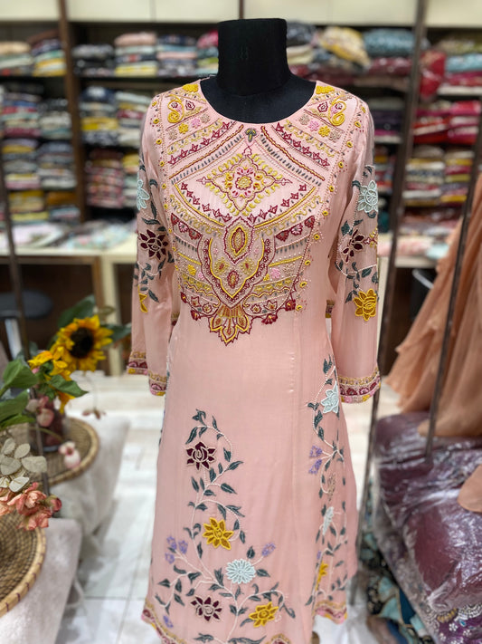 AARSAA Chinnon Pink with multicolour beads and thread work dress