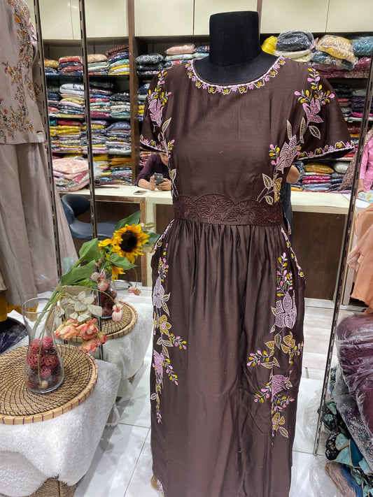 AARSAA Coffee brown multicolour beads work dress