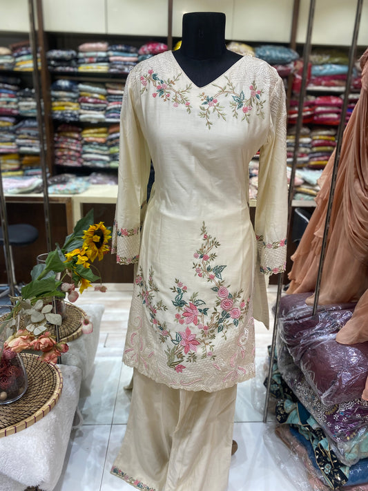 AARSAA cream silk cord set with colourful thread work