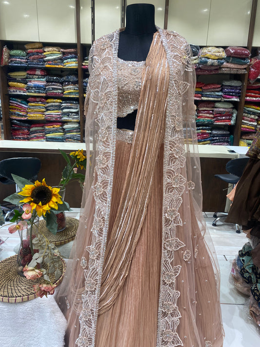 AARSAA Beige Organza Jacket Drape Lehenga