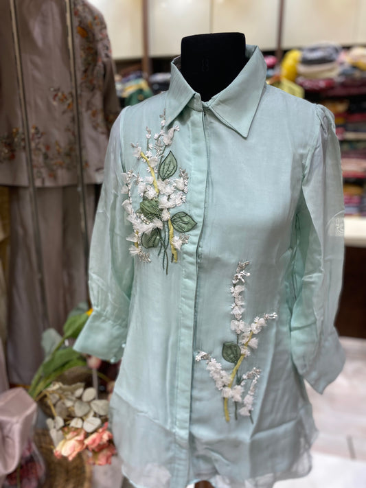 AARSAA Organza sea green top with thread and sequence work