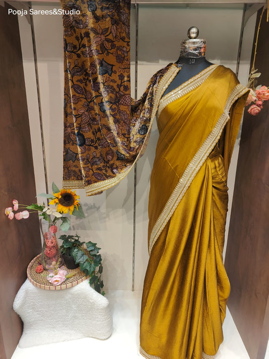 AARSAA Brown Suede Saree with Handwork Zardozi Border and Suede Printed Bold Blouse