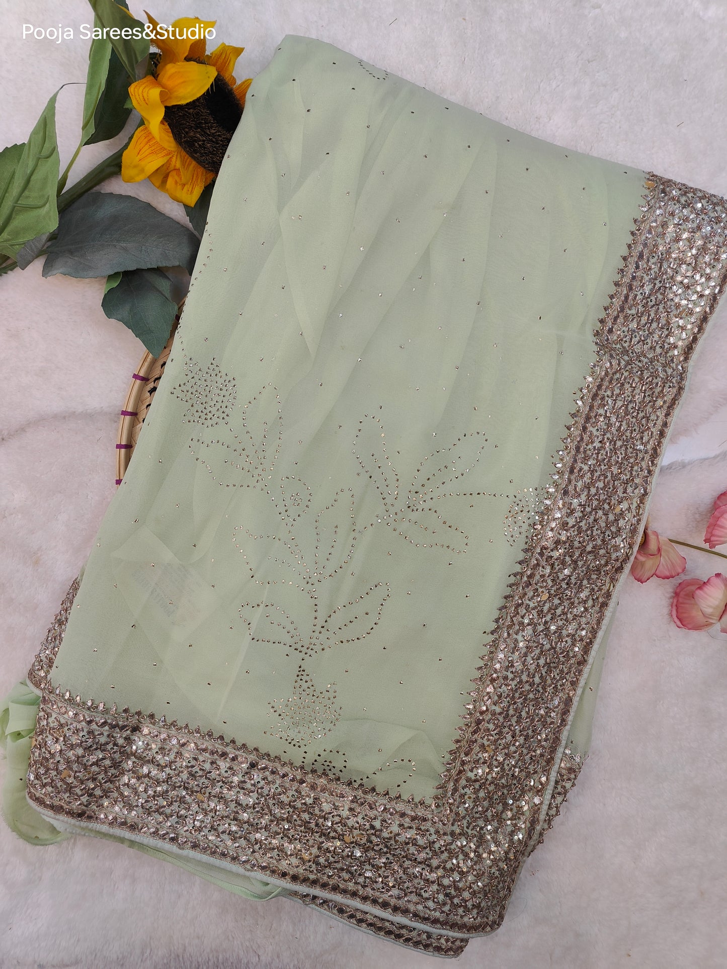 AARSAA Pista Green Pure Georgette Kamdani Work and Gota work border with unstitched blouse