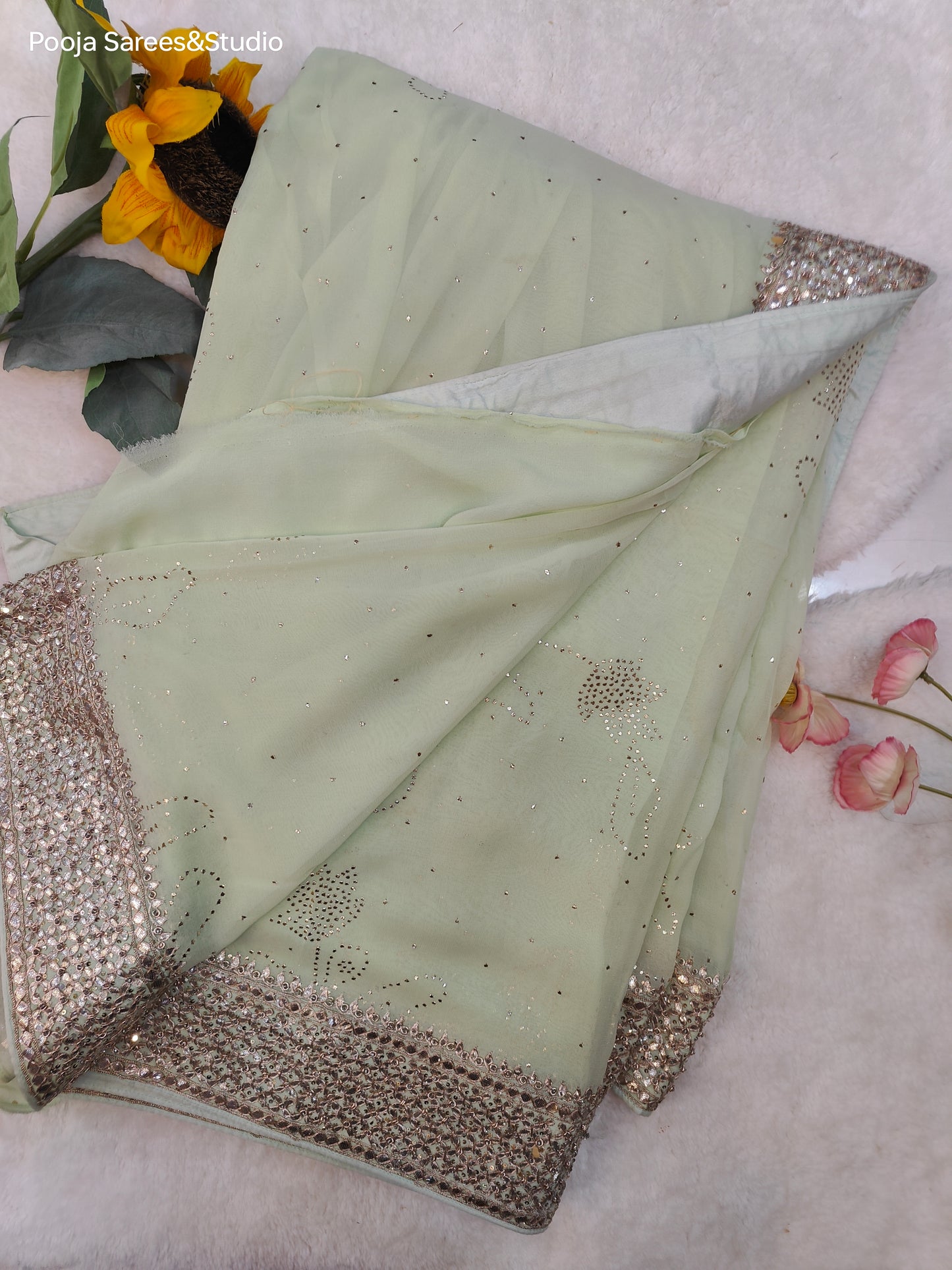 AARSAA Pista Green Pure Georgette Kamdani Work and Gota work border with unstitched blouse