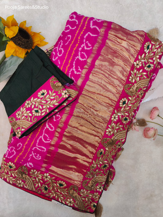 AARSAA Pink Pure Gaji Silk Bandhani Saree and Gota Zardozi work border with Contrast Unstitched blouse