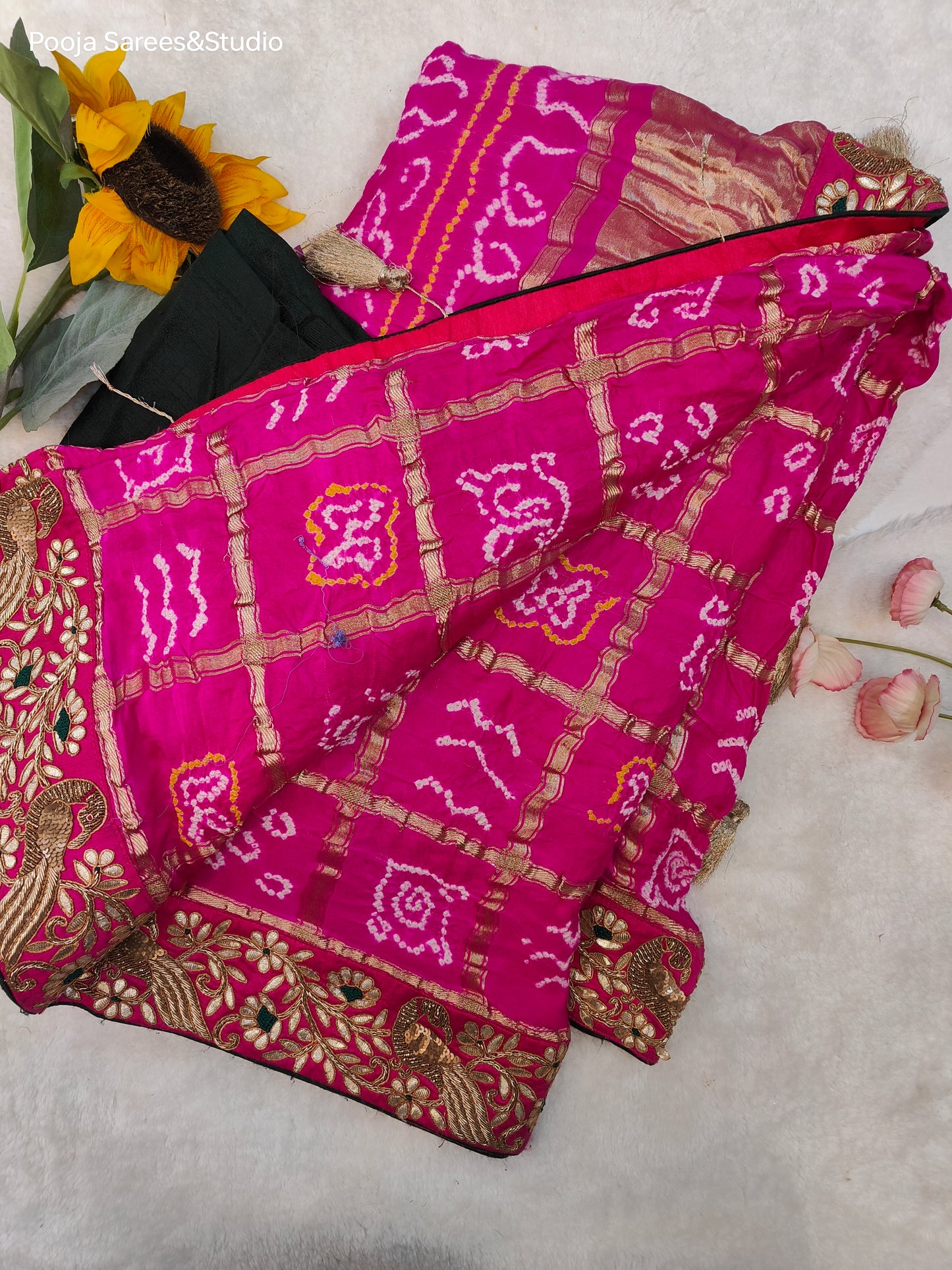 AARSAA Pink Pure Gaji Silk Bandhani Saree and Gota Zardozi work border with Contrast Unstitched blouse