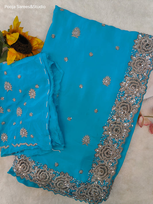 AARSAA Blue Pure Georgette Silver Zardozi heavy border work saree with Unstitched heavy work blouse