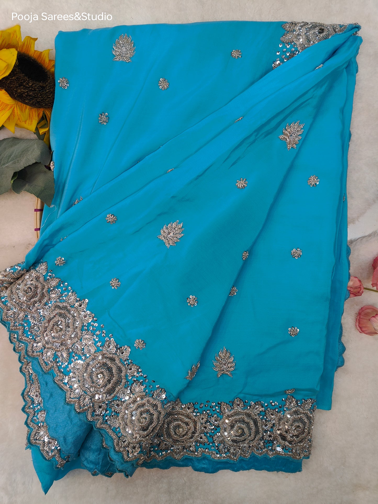 AARSAA Blue Pure Georgette Silver Zardozi heavy border work saree with Unstitched heavy work blouse