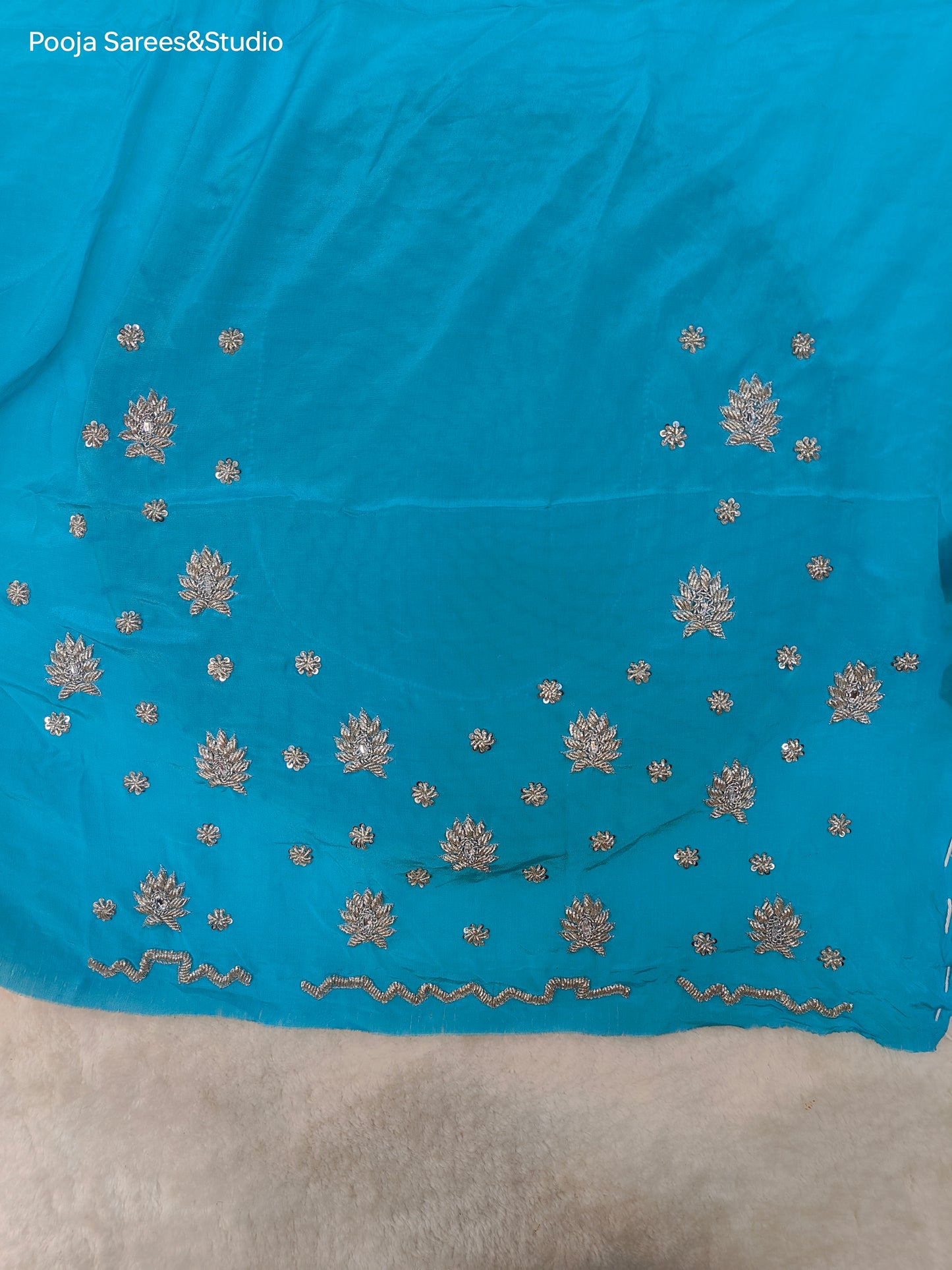 AARSAA Blue Pure Georgette Silver Zardozi heavy border work saree with Unstitched heavy work blouse