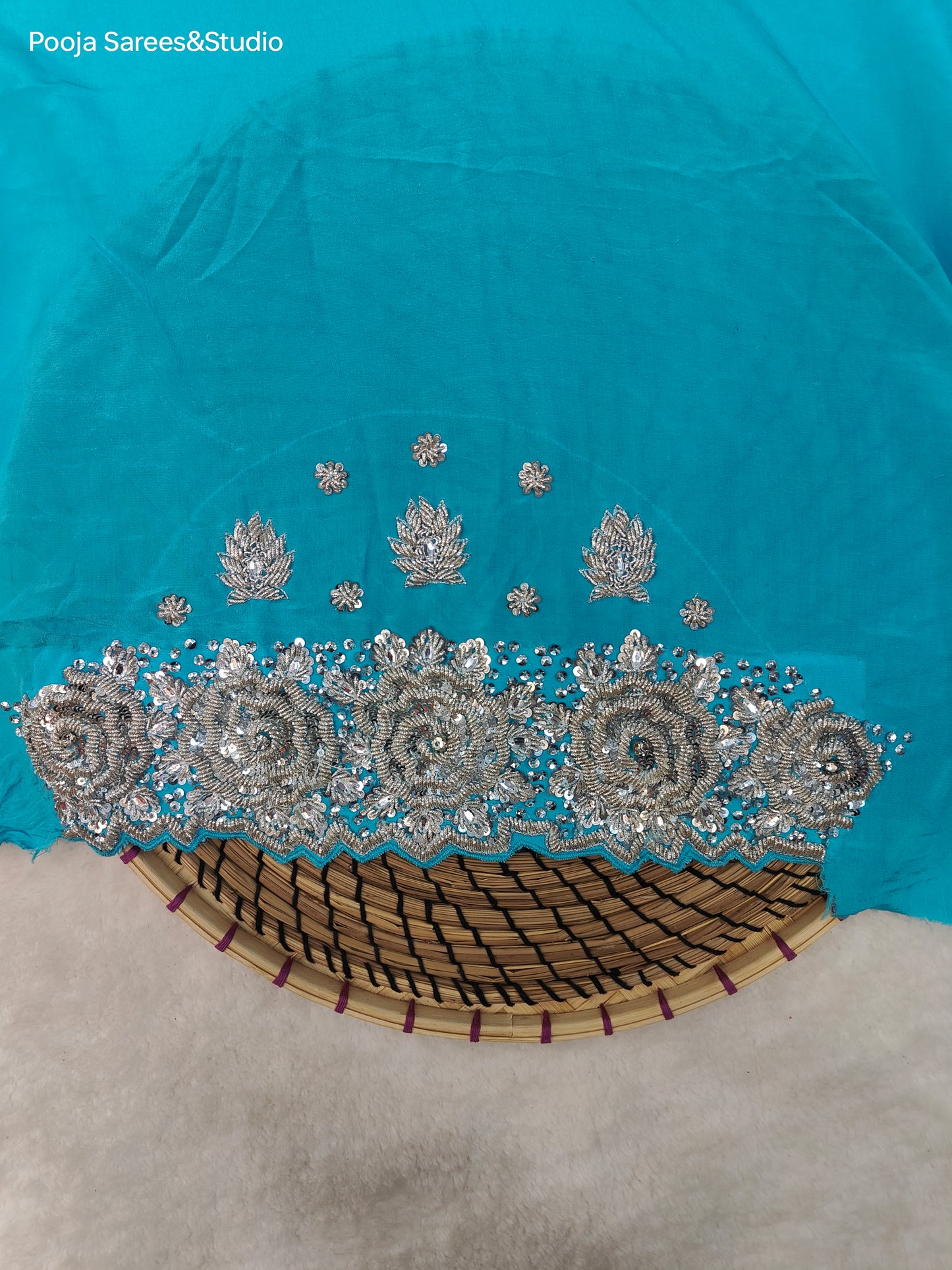 AARSAA Blue Pure Georgette Silver Zardozi heavy border work saree with Unstitched heavy work blouse