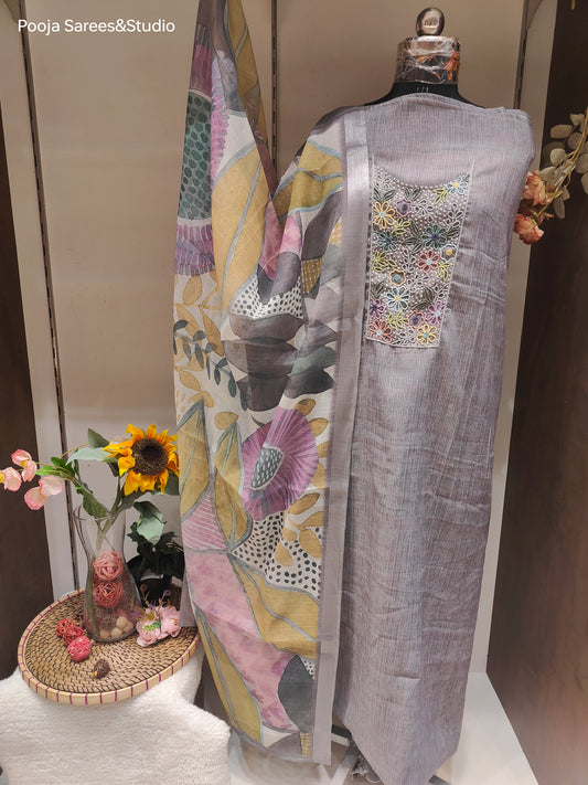 AARSAA Grey cotton silk multicolour beads work Unstitched Salwar Suit with Printed Dupatta