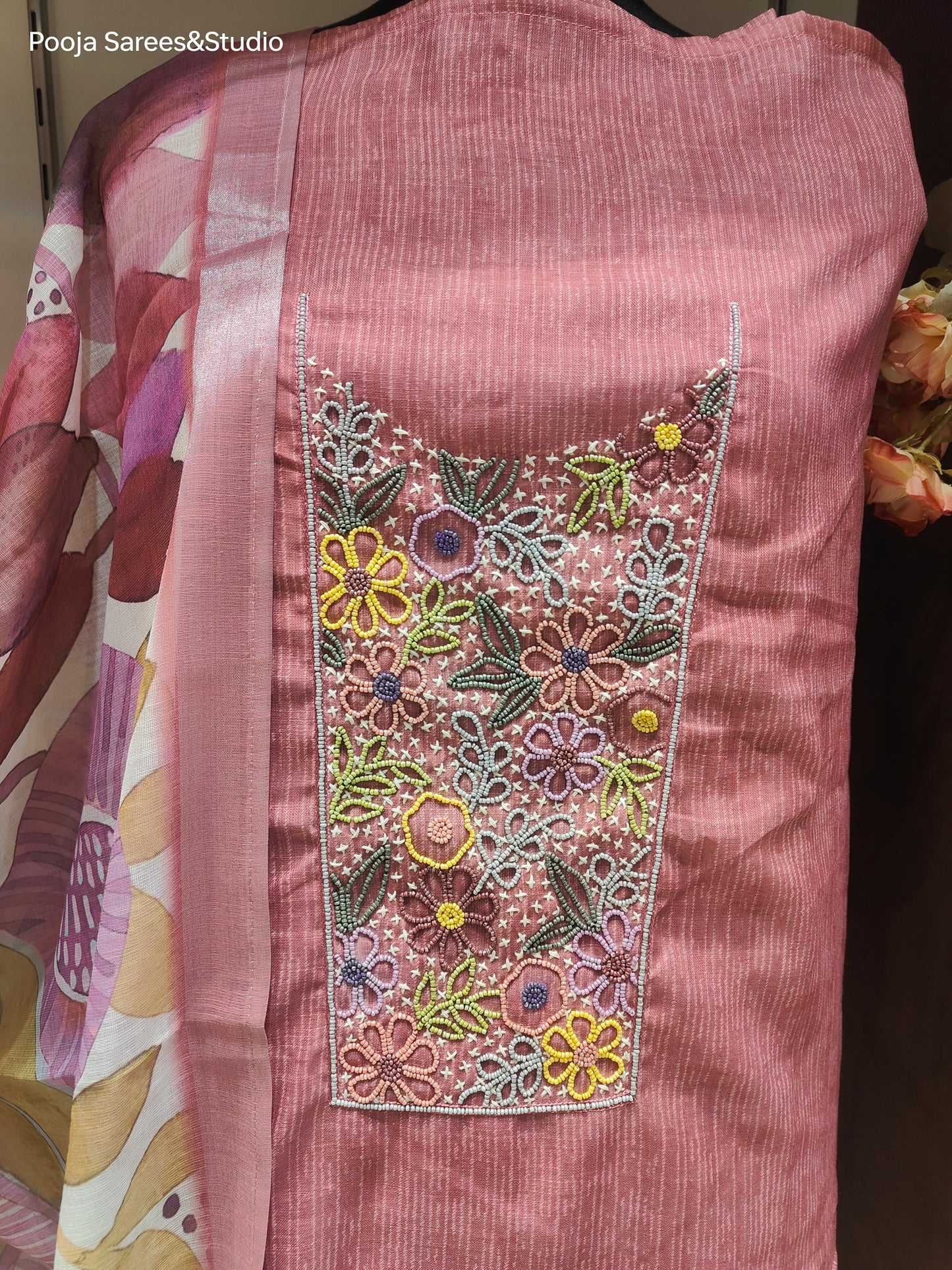 AARSAA Onion Pink cotton silk multicolour beads work Unstitched Salwar Suit with Printed Dupatta