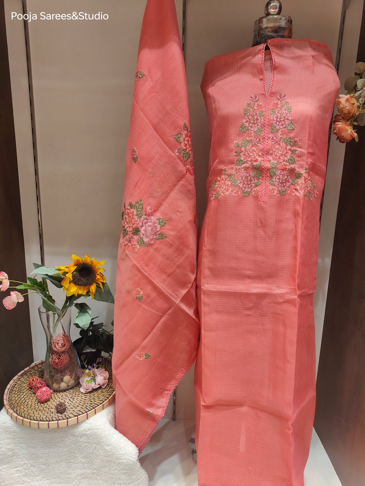 AARSAA Peach Kota Doria Convent embroidered unstitched salwar suit with Work Dupatta