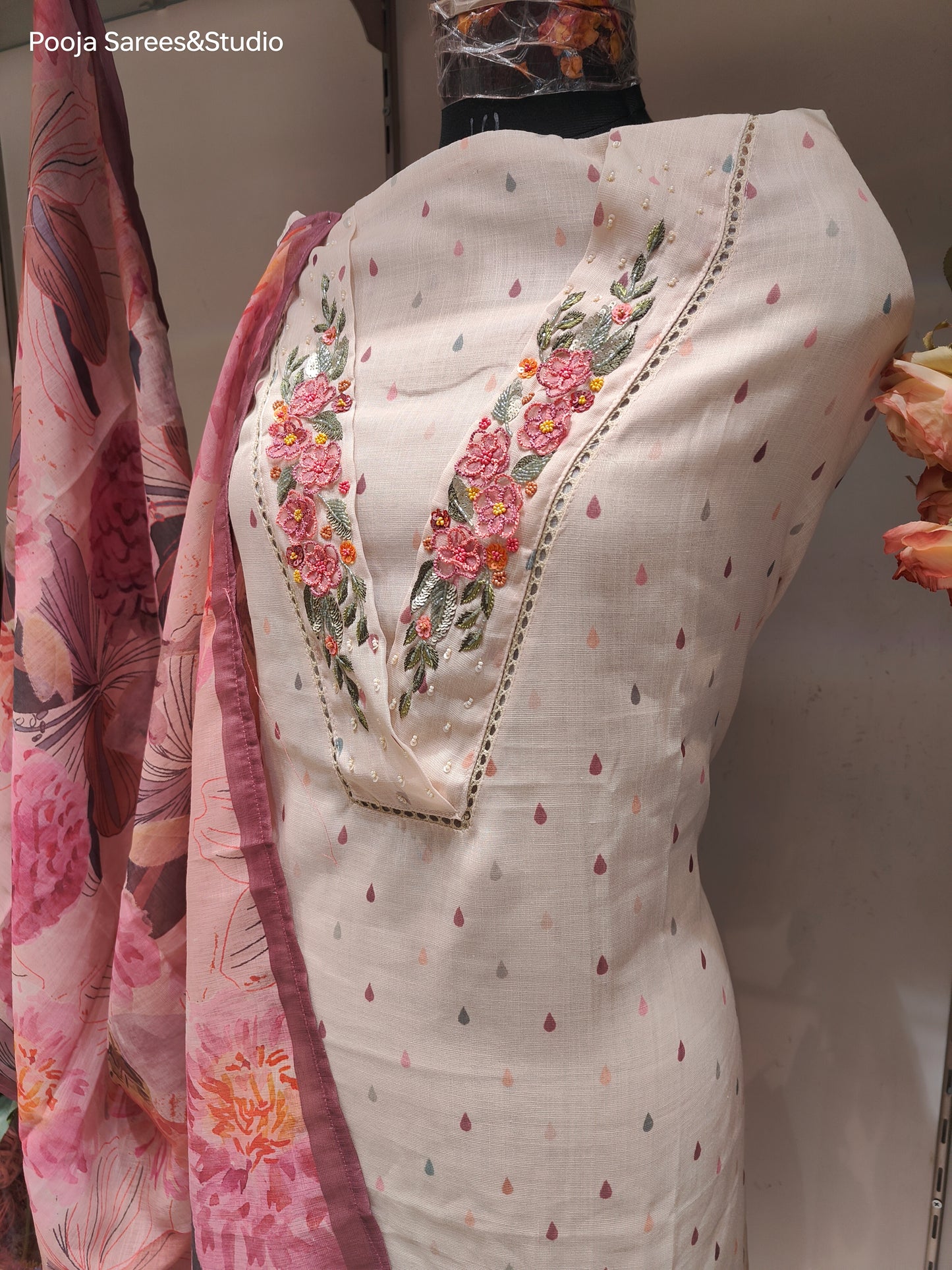 AARSAA Cream Linen Silk Thread , Sequence and applique work Unstitched suits with Printed Dupatta