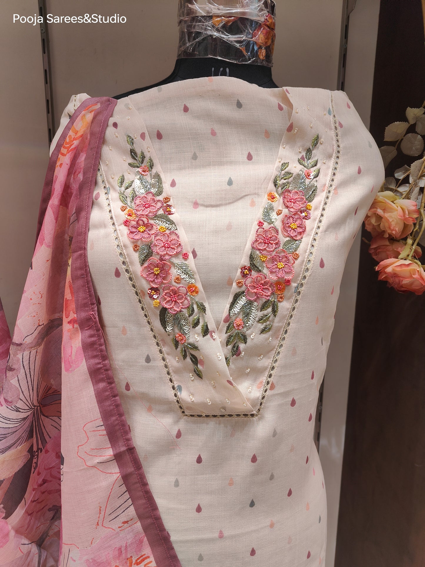 AARSAA Cream Linen Silk Thread , Sequence and applique work Unstitched suits with Printed Dupatta