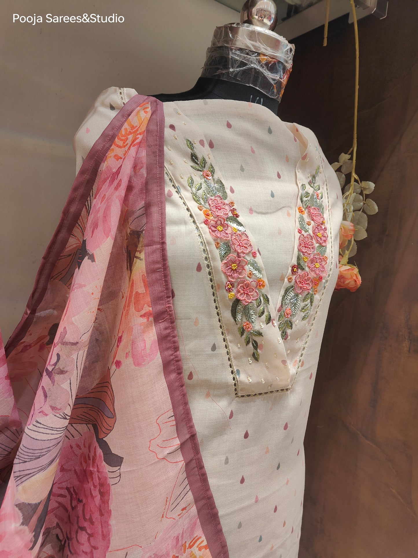 AARSAA Cream Linen Silk Thread , Sequence and applique work Unstitched suits with Printed Dupatta