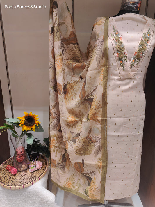 AARSAA Cream Linen Silk Thread , Sequence and applique work Unstitched suits with Printed Dupatta