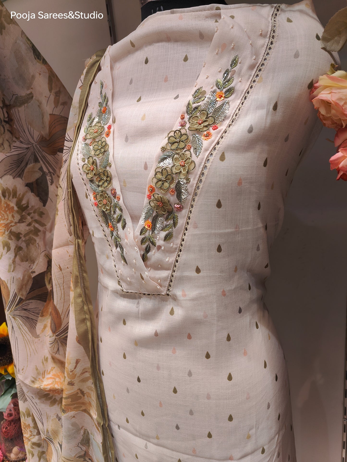 AARSAA Cream Linen Silk Thread , Sequence and applique work Unstitched suits with Printed Dupatta