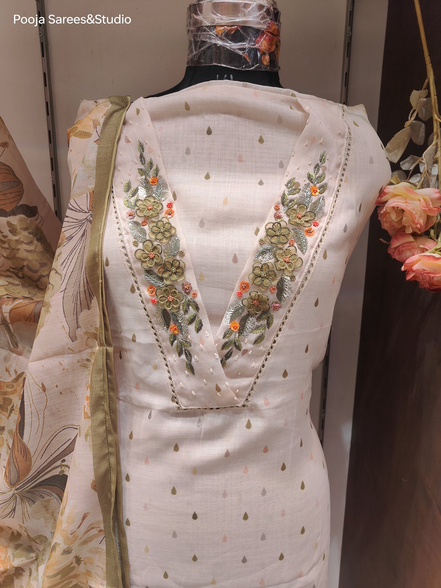 AARSAA Cream Linen Silk Thread , Sequence and applique work Unstitched suits with Printed Dupatta