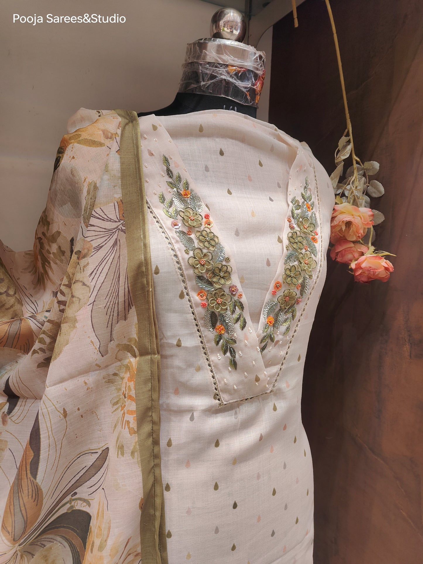 AARSAA Cream Linen Silk Thread , Sequence and applique work Unstitched suits with Printed Dupatta