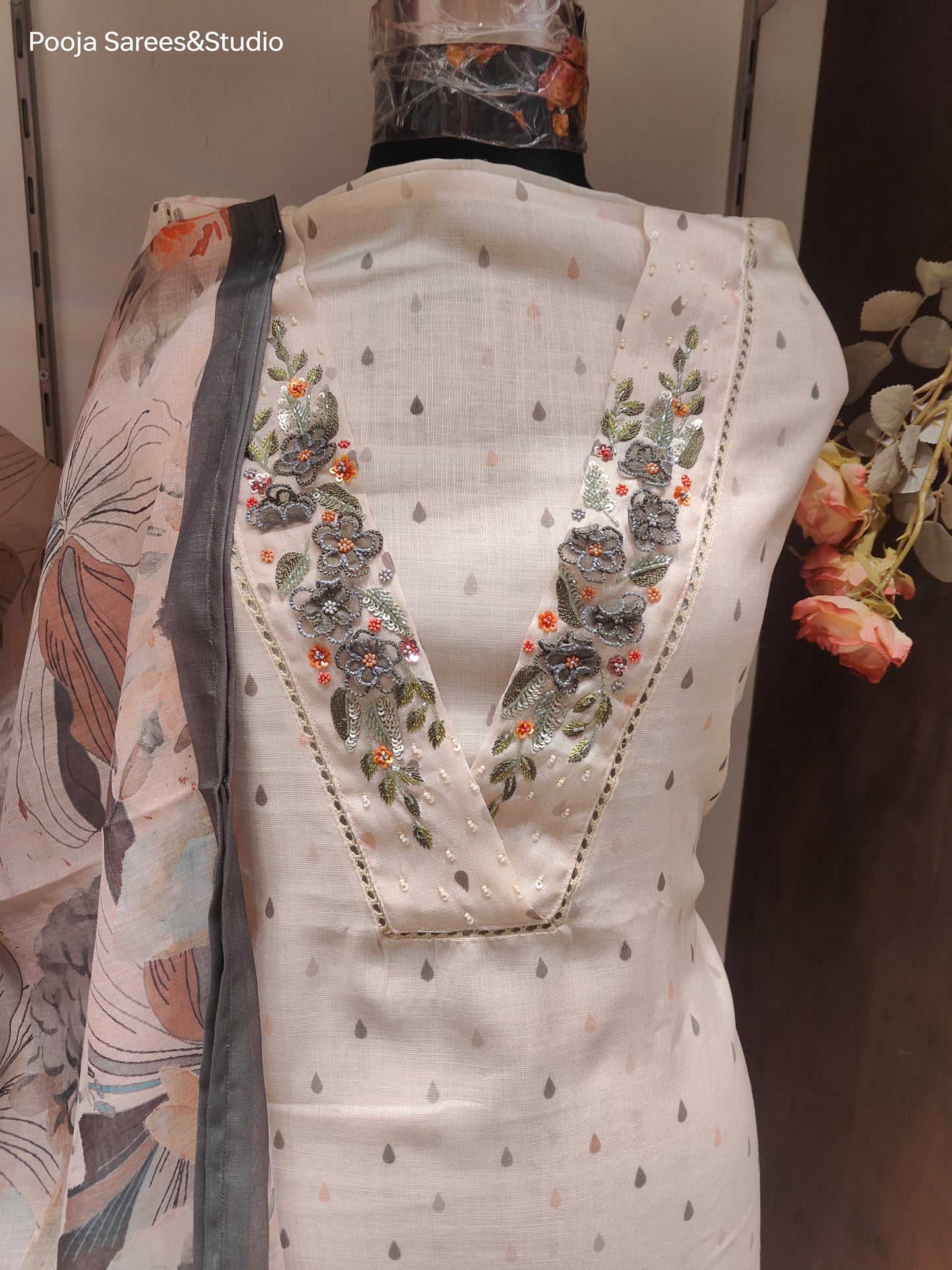 AARSAA Cream Linen Silk Thread , Sequence and applique work Unstitched suits with Printed Dupatta