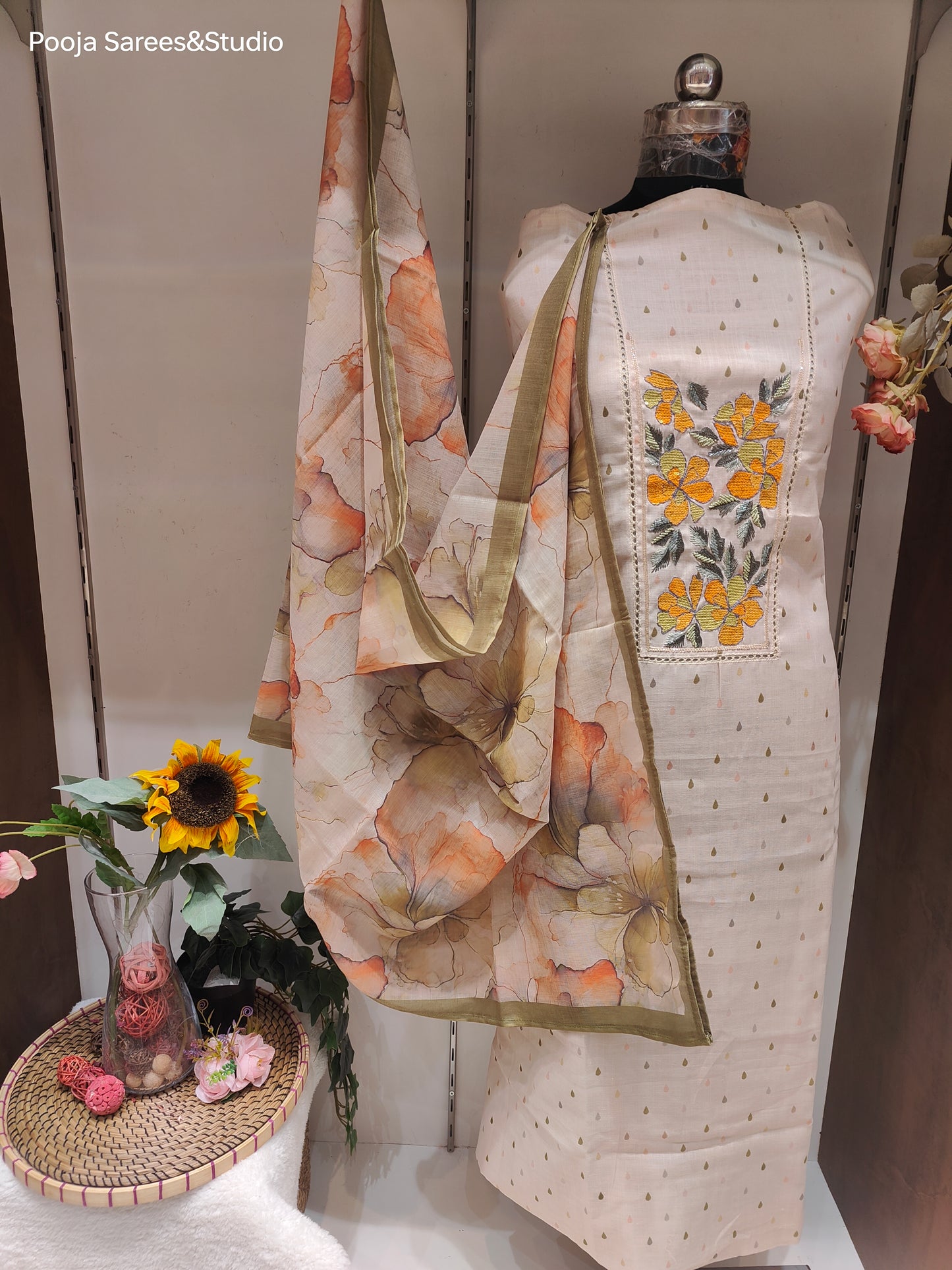 AARSAA Linen Silk Multicolour Sequence Work Unstitched suit with Printed Dupatta