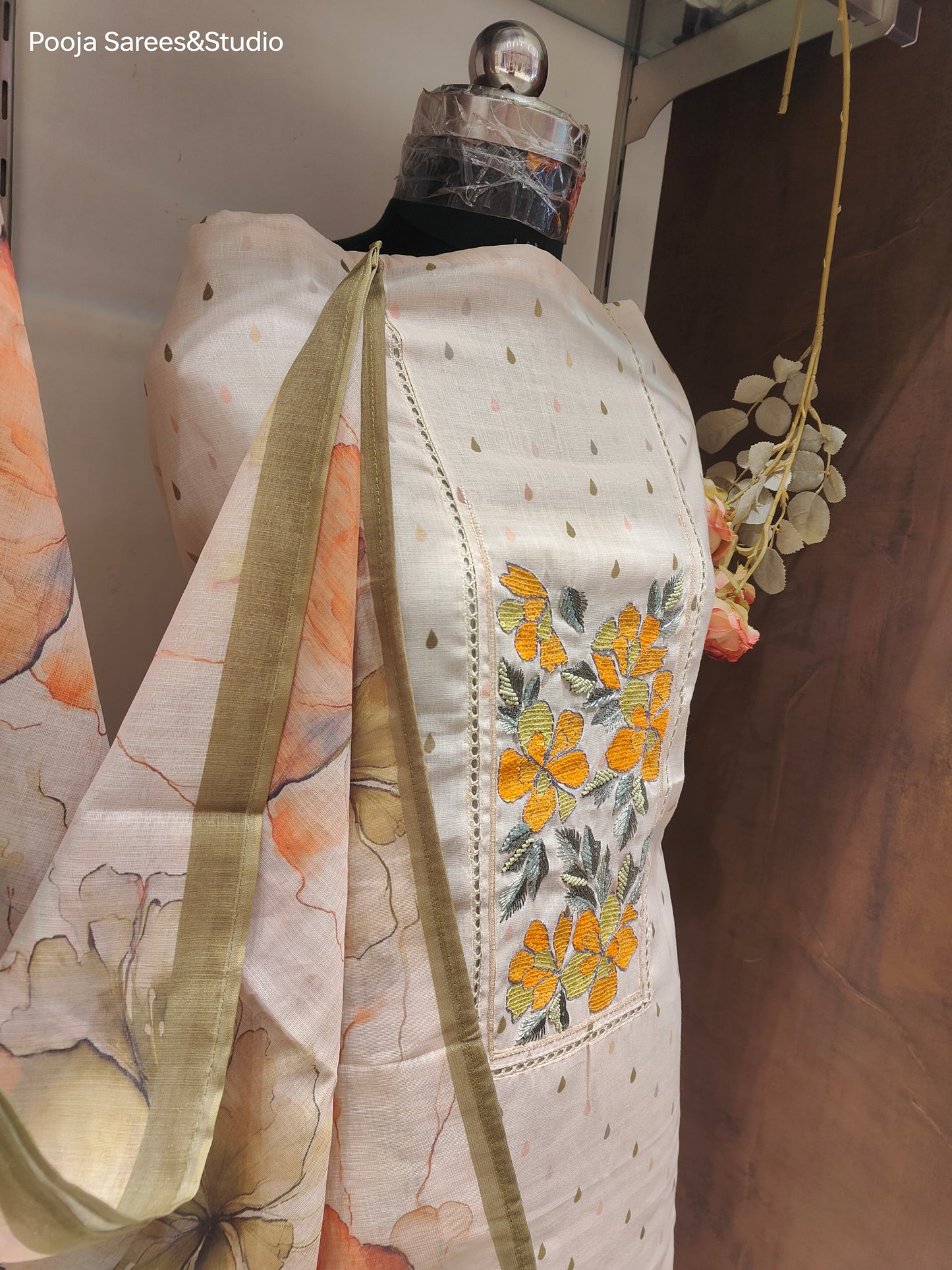 AARSAA Linen Silk Multicolour Sequence Work Unstitched suit with Printed Dupatta