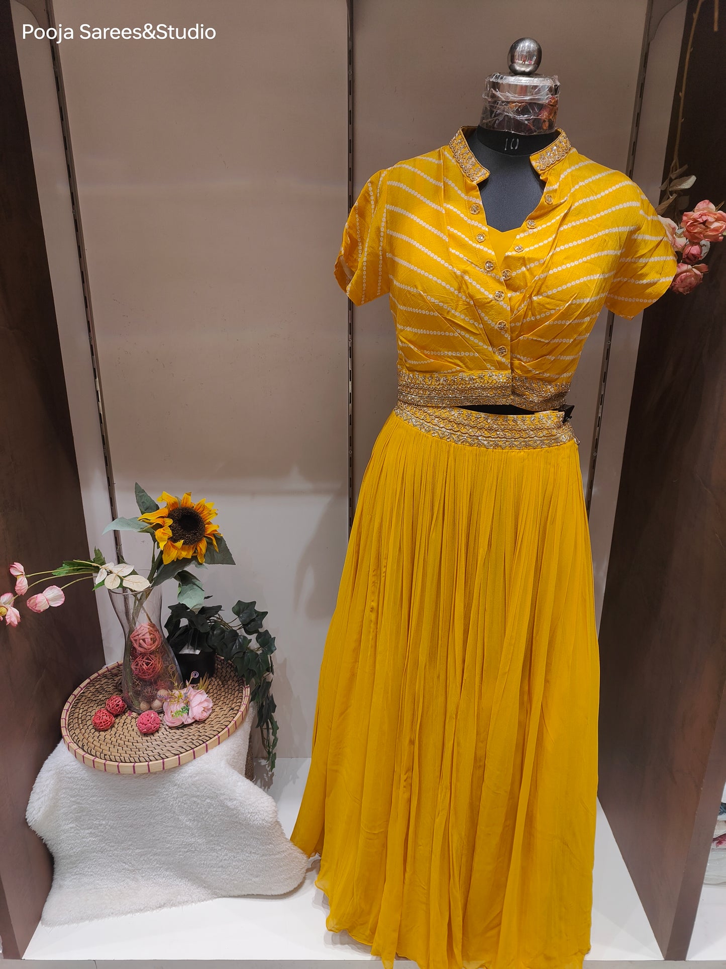 AARSAA Yellow Crepe Bandhani Print with Collar work crop top jacket with lehenga