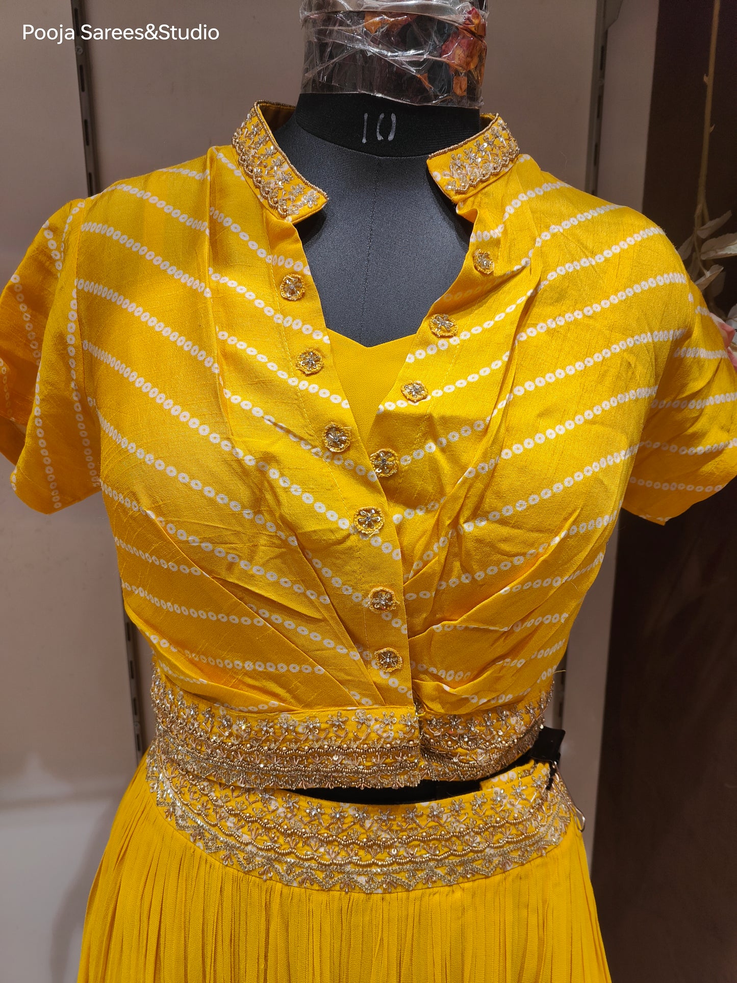 AARSAA Yellow Crepe Bandhani Print with Collar work crop top jacket with lehenga