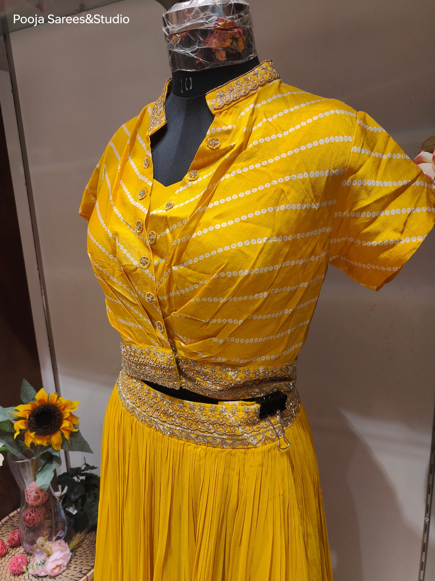 AARSAA Yellow Crepe Bandhani Print with Collar work crop top jacket with lehenga