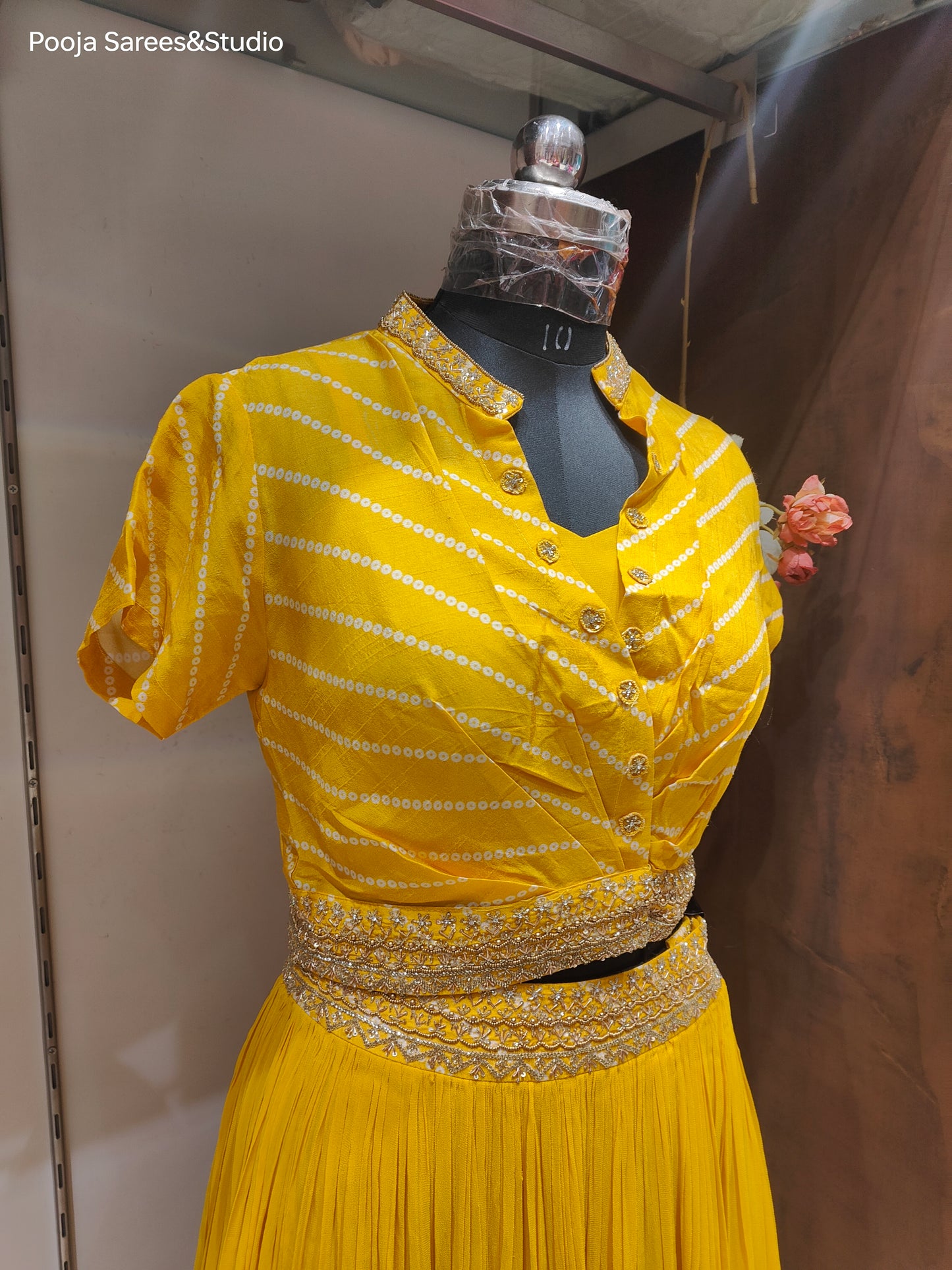 AARSAA Yellow Crepe Bandhani Print with Collar work crop top jacket with lehenga