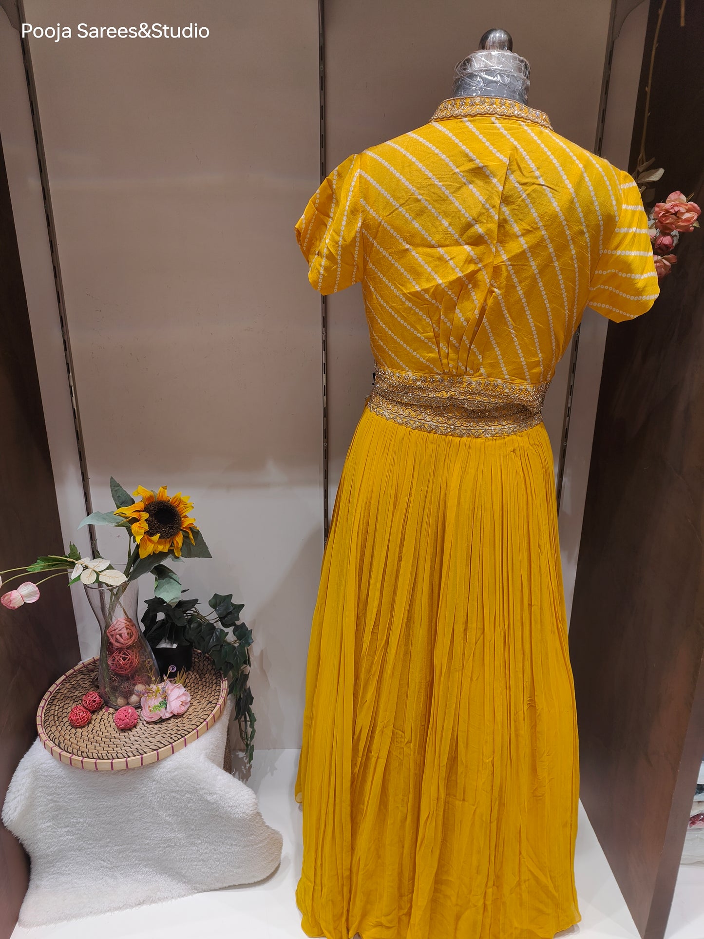 AARSAA Yellow Crepe Bandhani Print with Collar work crop top jacket with lehenga