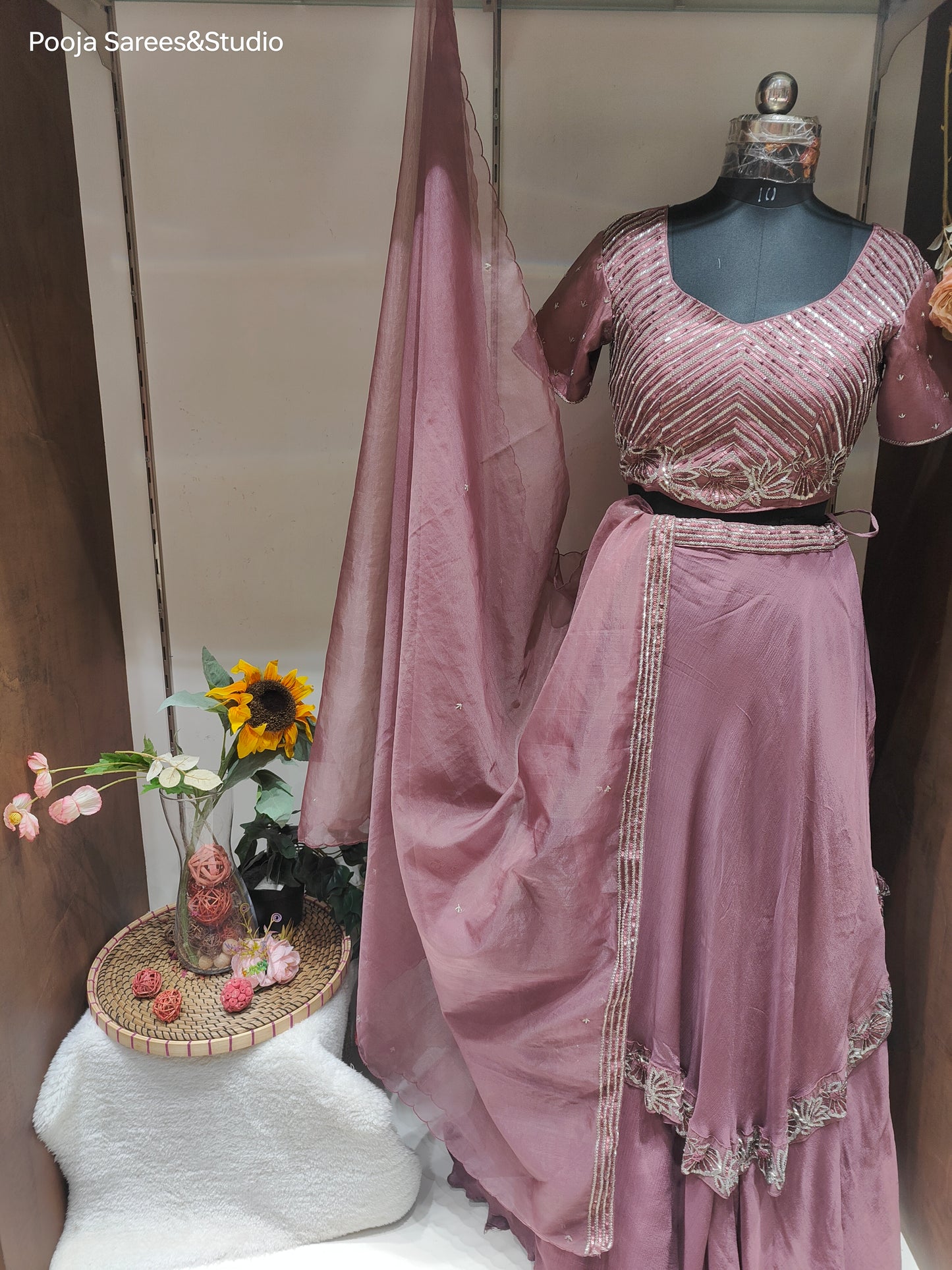 AARSAA Crepe Onion Pink Katdana Sequence work Crop top with One side work panelled lehenga and Matching Dupatta