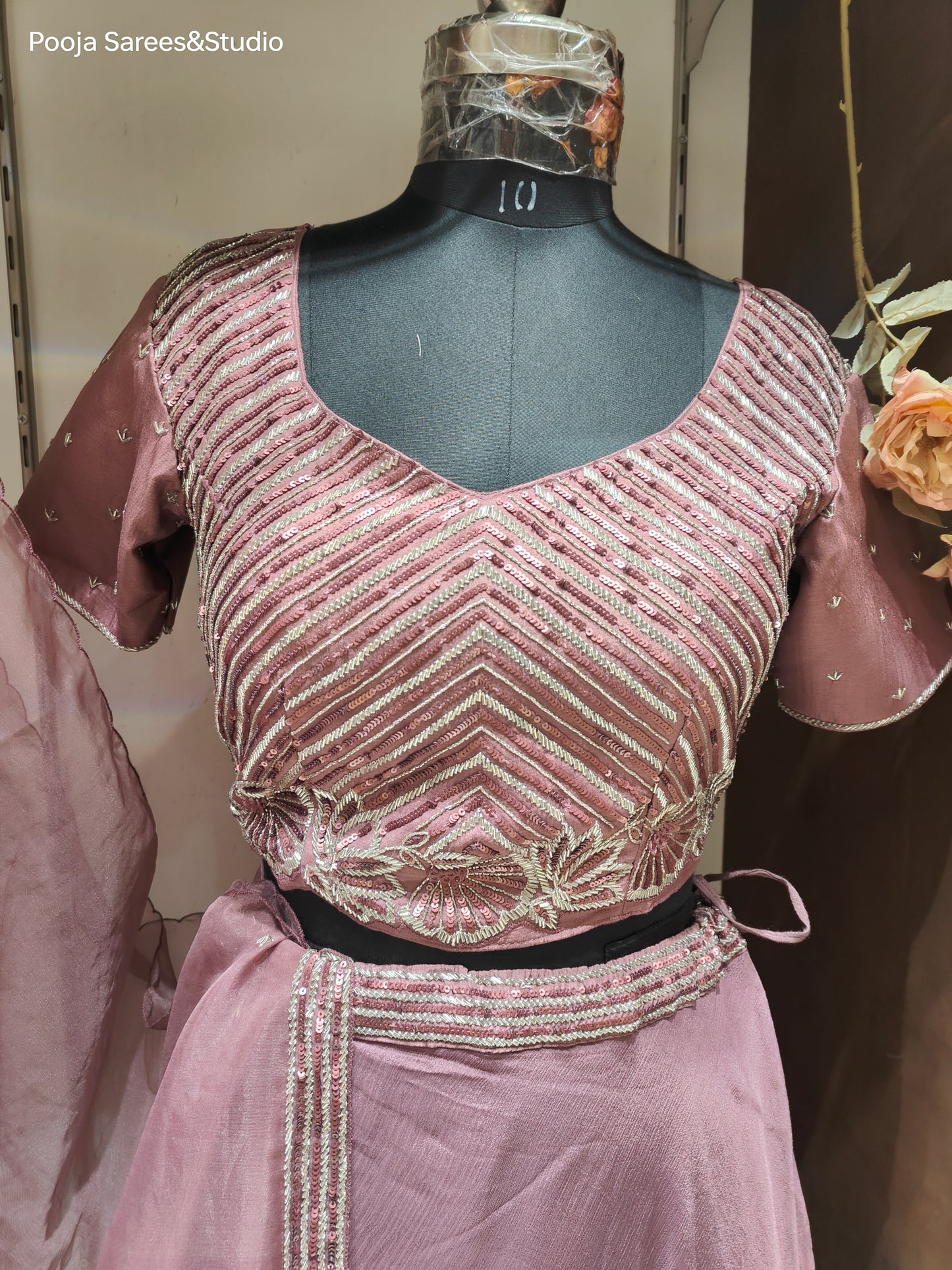 AARSAA Crepe Onion Pink Katdana Sequence work Crop top with One side work panelled lehenga and Matching Dupatta