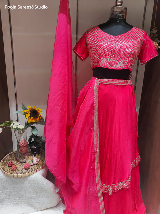 AARSAA Crepe Pink Katdana Sequence work Crop top with One side work panelled lehenga and Matching Dupatta