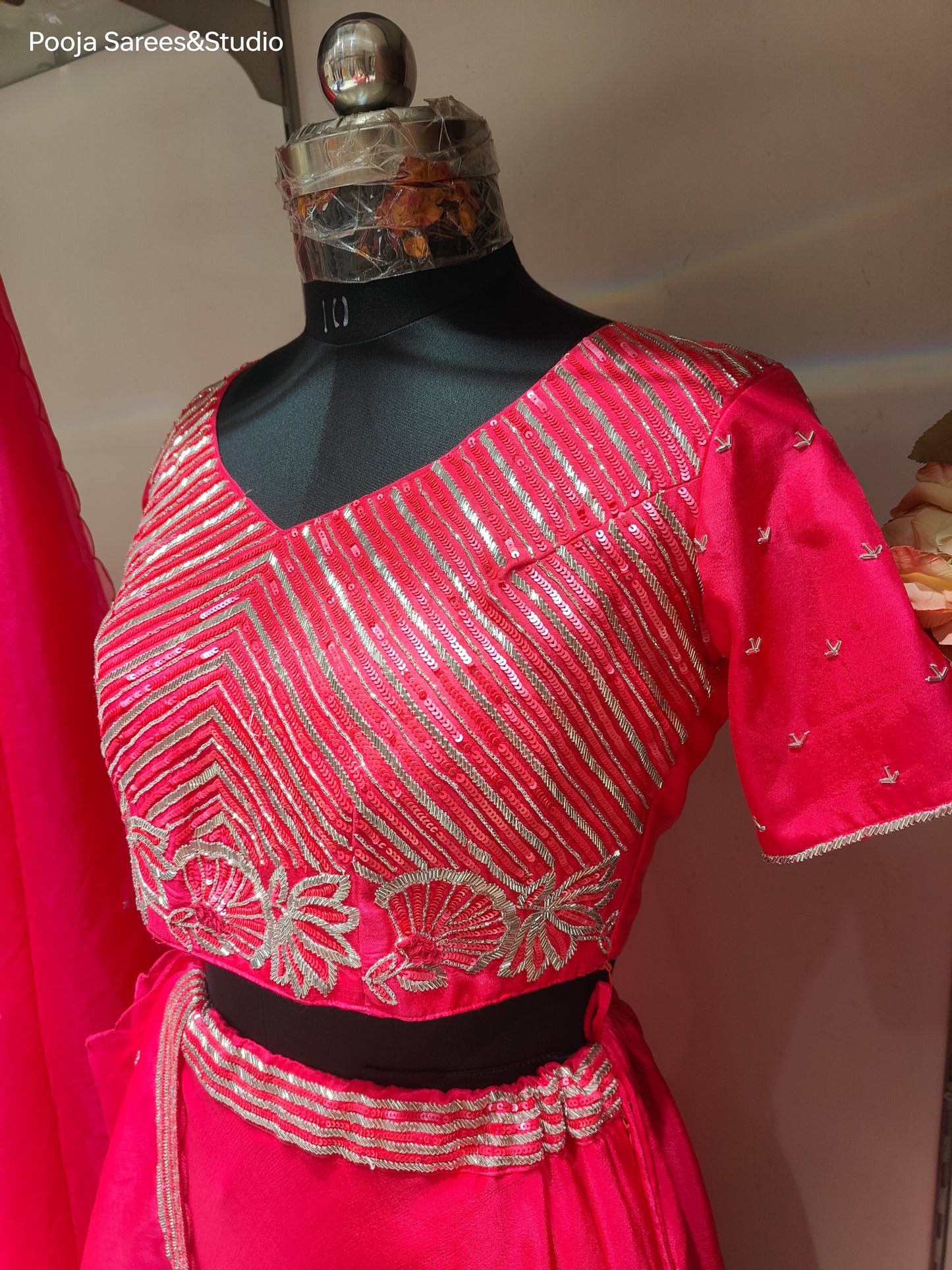 AARSAA Crepe Pink Katdana Sequence work Crop top with One side work panelled lehenga and Matching Dupatta