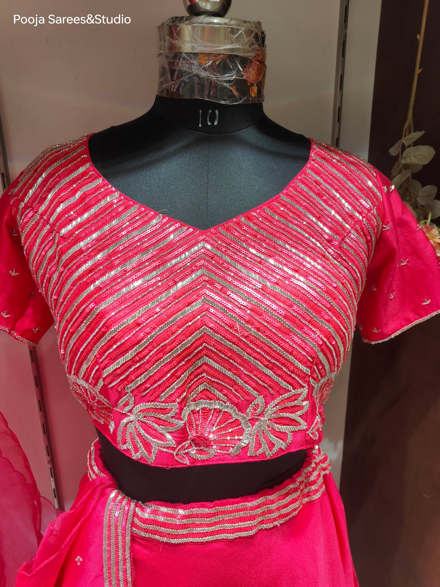 AARSAA Crepe Pink Katdana Sequence work Crop top with One side work panelled lehenga and Matching Dupatta