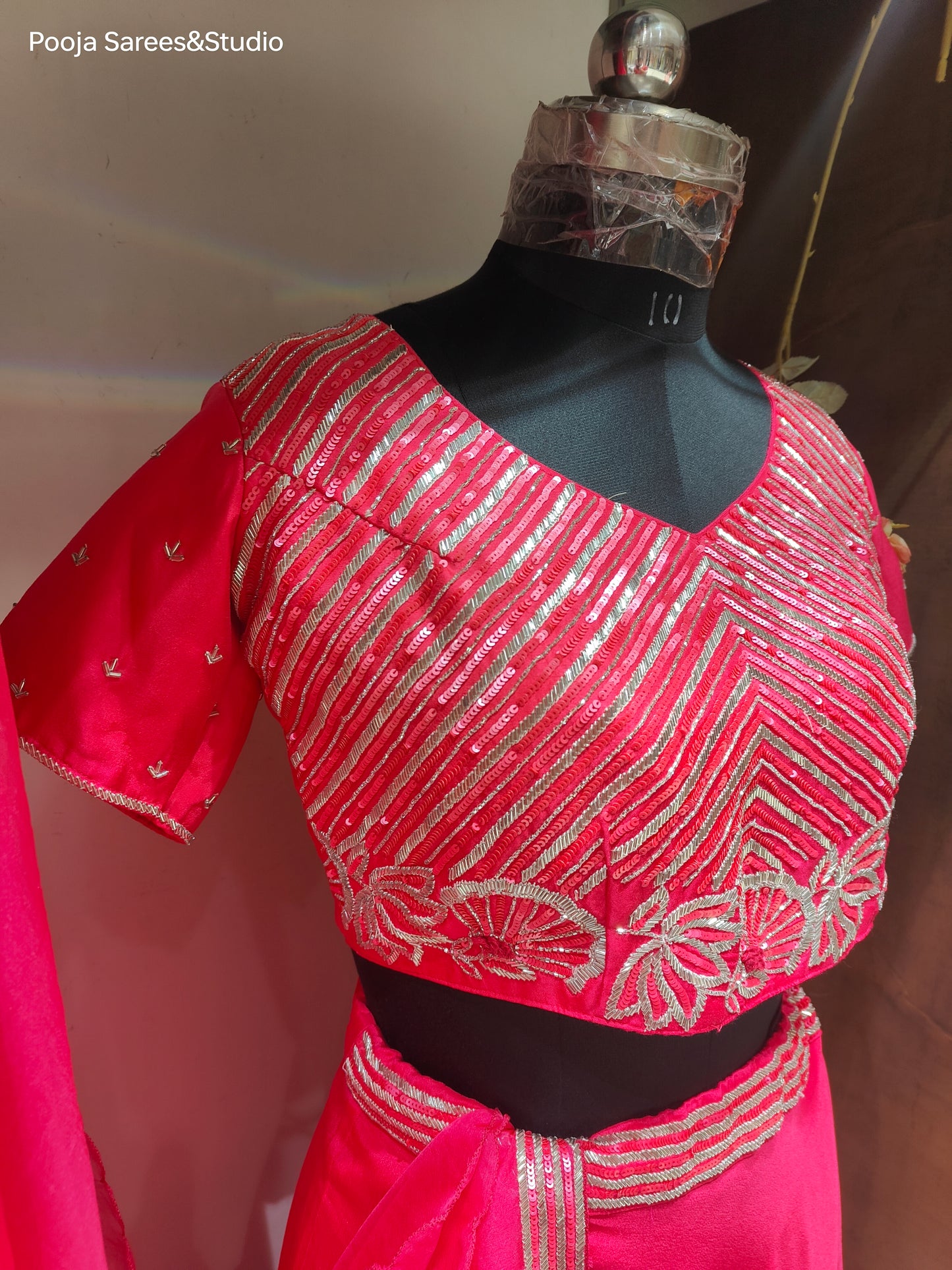 AARSAA Crepe Pink Katdana Sequence work Crop top with One side work panelled lehenga and Matching Dupatta