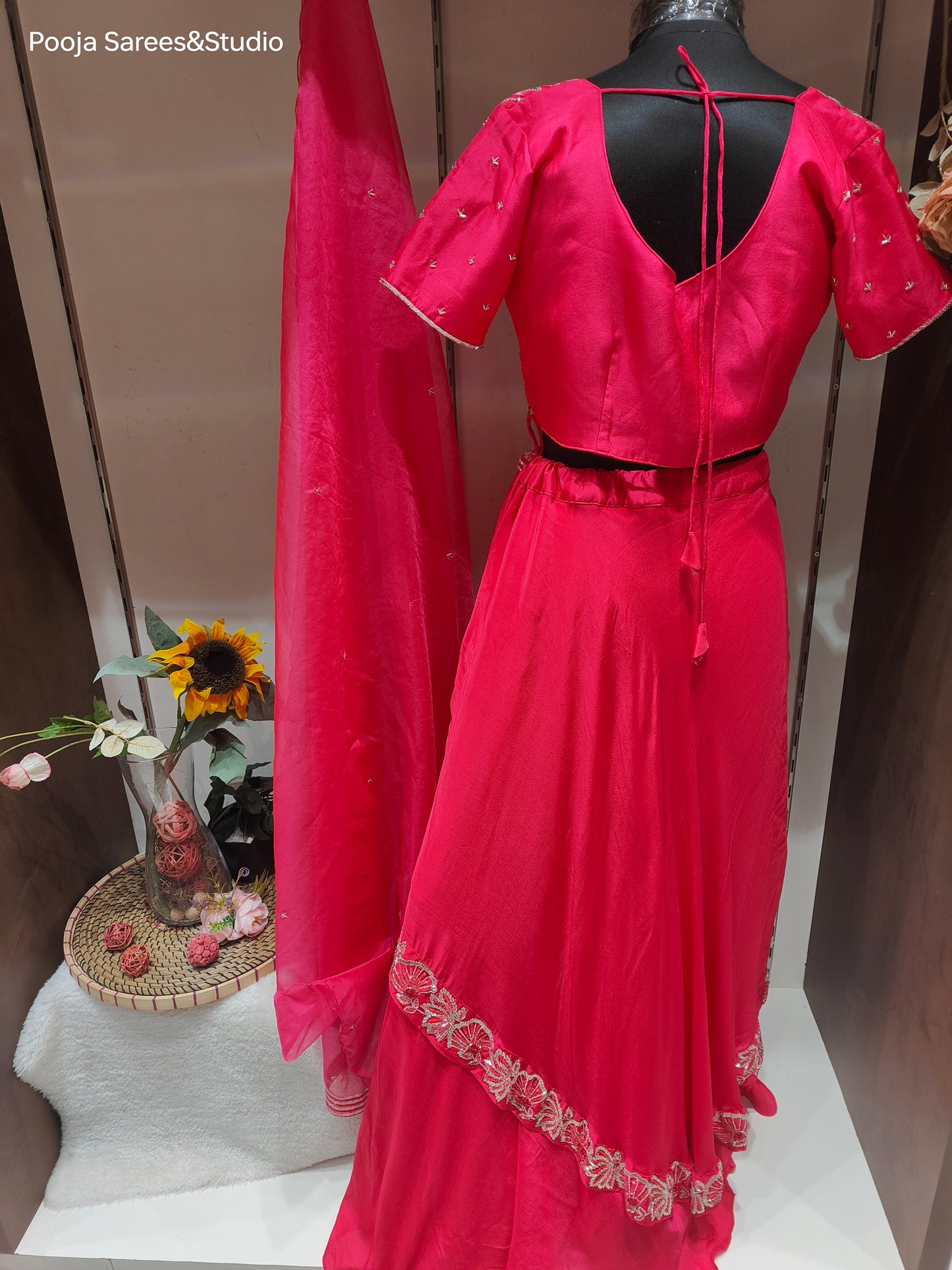 AARSAA Crepe Pink Katdana Sequence work Crop top with One side work panelled lehenga and Matching Dupatta