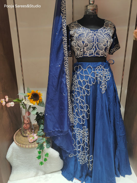 AARSAA Crepe Blue floral themed Katdana Sequence work crop top lehenga with Dupatta