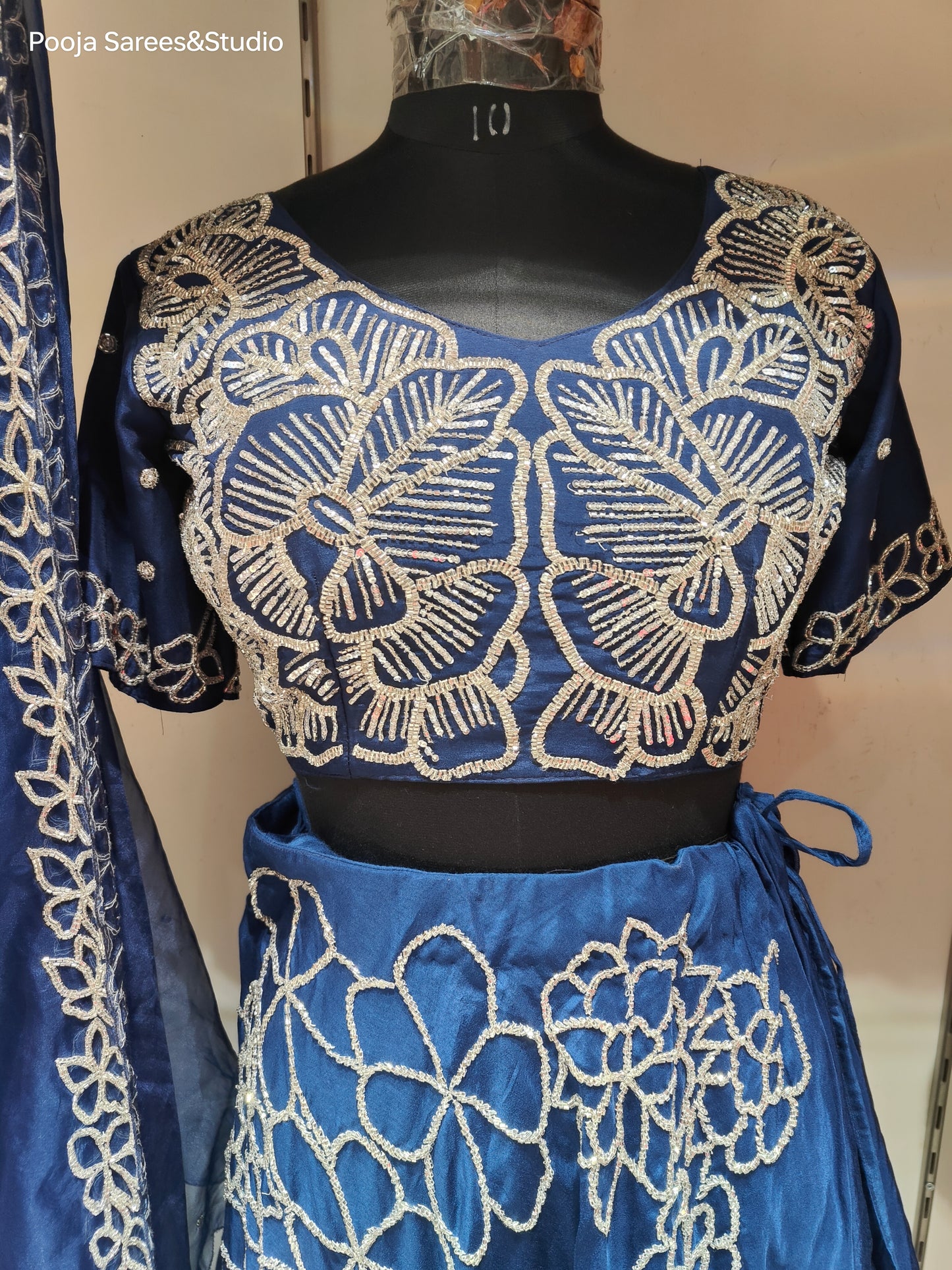 AARSAA Crepe Blue floral themed Katdana Sequence work crop top lehenga with Dupatta